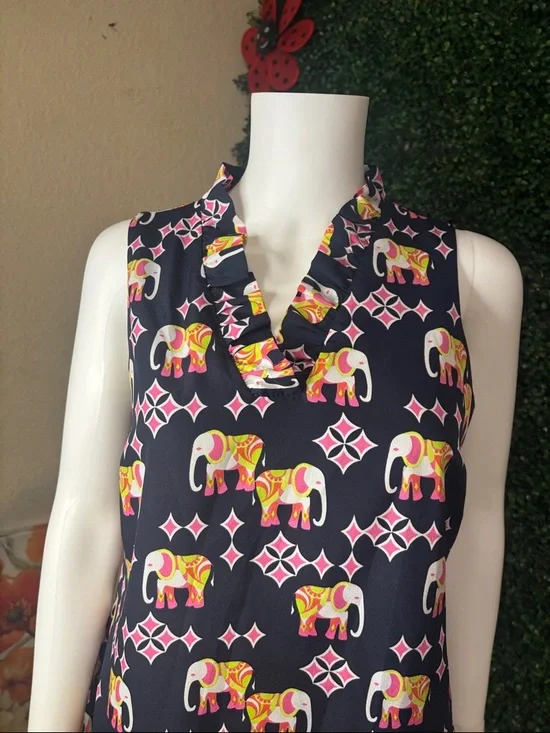 Sleeveless Navy Elephant Print Shift Dress - Pink & Yellow Accents - Picture 2 of 8